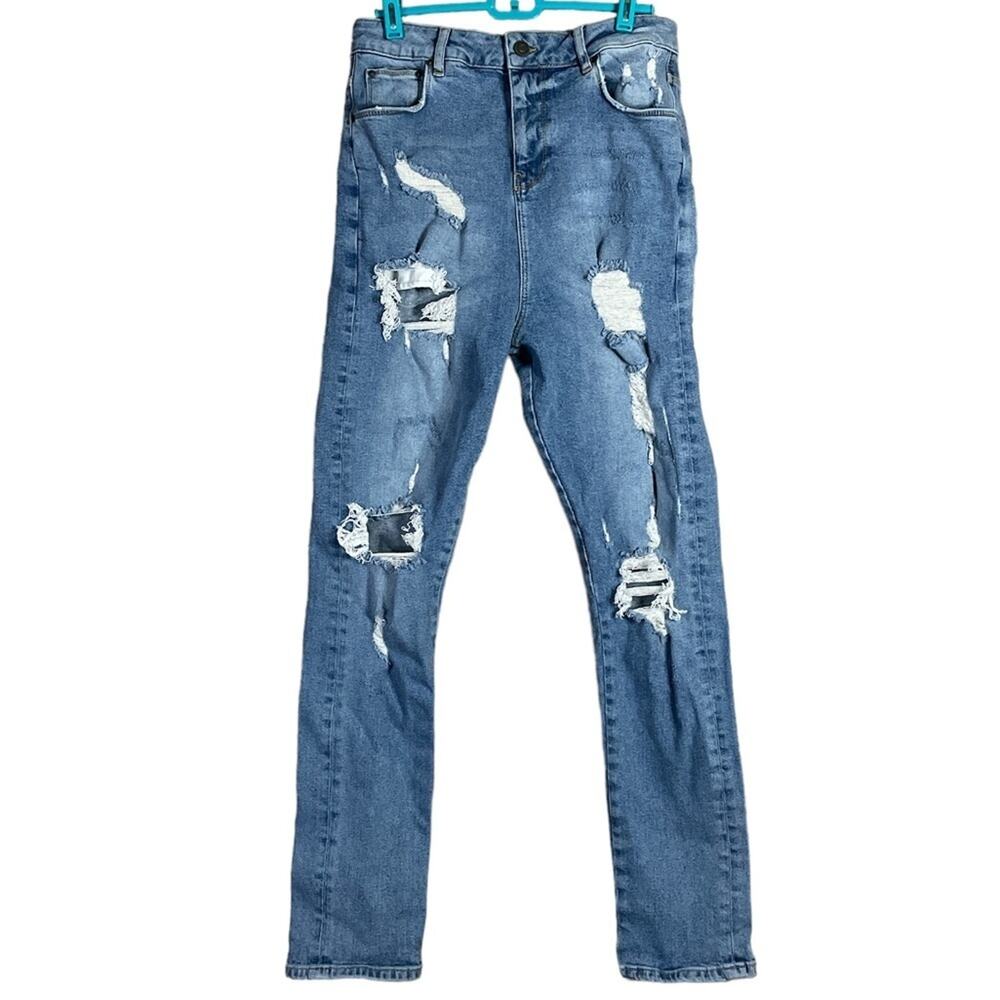ASOS Design Ultra High Waist Jeans Destroyed Blue Denim SZ 28